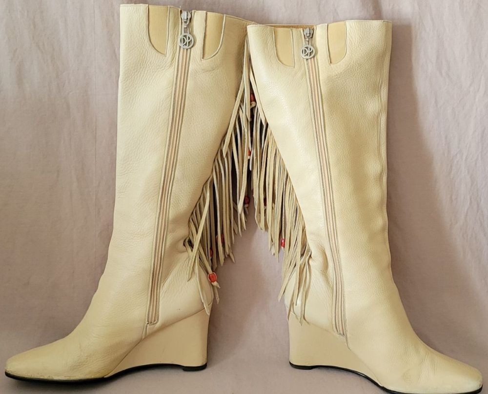 Donald Pliner Womens Leather Knee High Boots Fringe Tan Wedge Vibram Sole 8.5 M